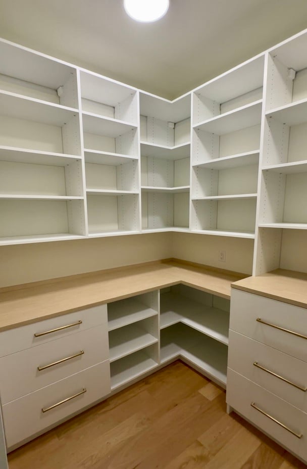 Walk in Pantry! Walk in pantry with built in shelving, pantry cabinets, and countertop storage for organized pantry storage and home organization in South Lyon, Michigan