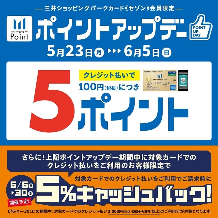 5/23(月)~6/5(日)まで 三井ショッピングパークカード《セゾン》会員限定ポイントアップデーを開催!