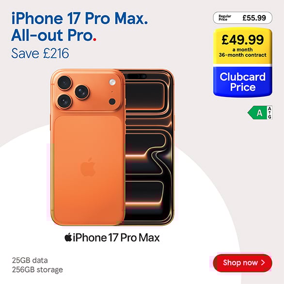 Save on iPhone deals with frozen Clubcard prices at Tesco Mobile, Shop now!