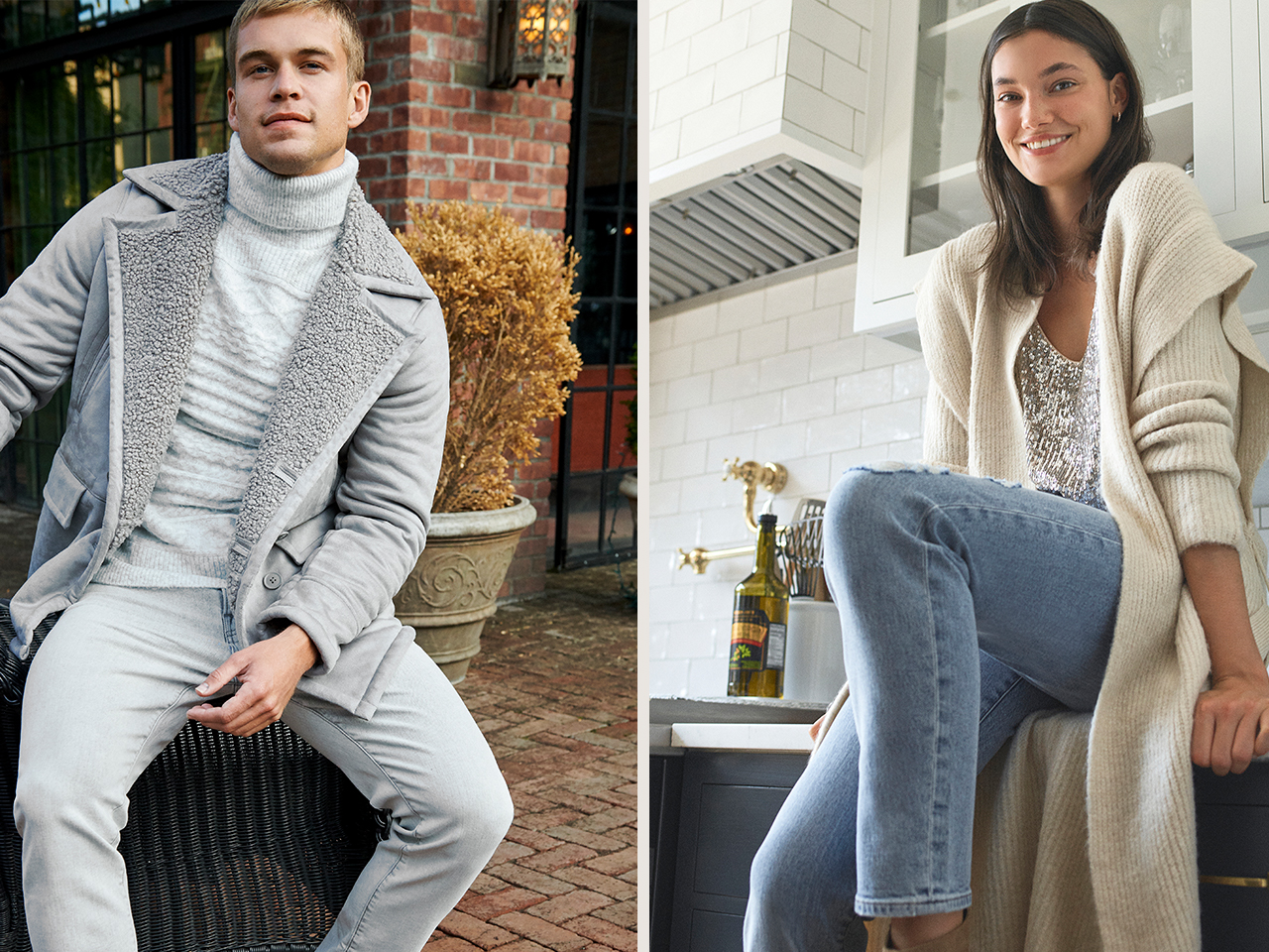 Woman and man wearing Express sweaters, shirts and jeans.