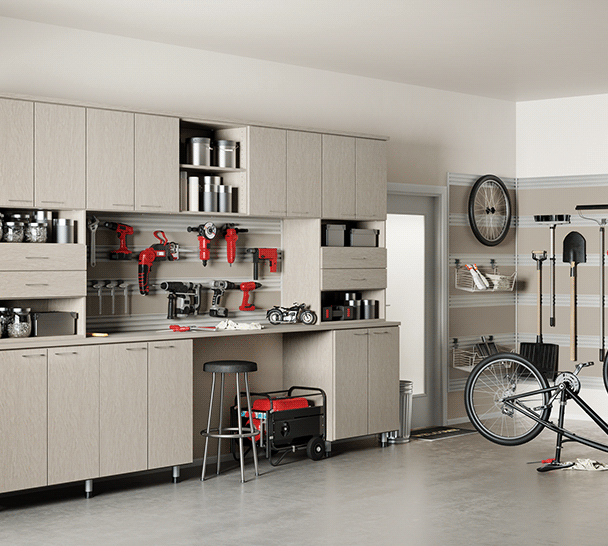 Custom Garage storage Grey garage workspace storage with black and red accents
