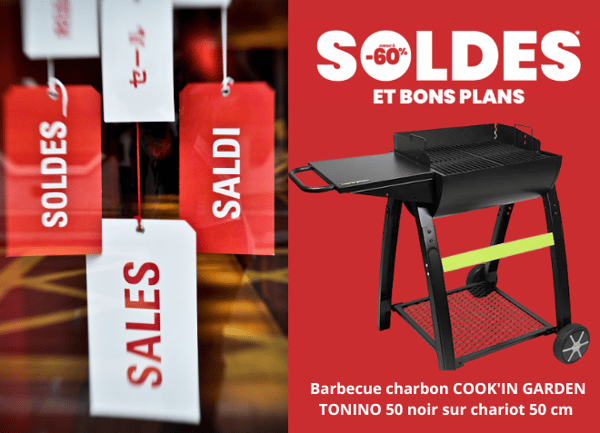 Soldes d'été : Barbecue charbon COOK'IN GARDEN TONINO 50 noir sur chariot 50 cm