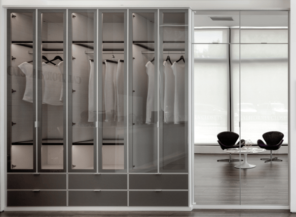 Sect 6 (4) Gray Wardrobe Closet with Mirrored Doors and Clear Glass Doors with LED Lighting and Hanging Storage Custom Luxury Closet Tribeca Showroom Closet Rockland County NY Sect 6 (4) Gray Wardrobe Closet with Mirrored Doors and Clear Glass Doors with LED Lighting and Hanging Storage Custom Luxury Closet Tribeca Showroom Closet Rockland County NY