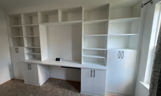 The Art of Beautiful Space Virginia Beach – Home office – White built-in desk with upper shelving and side cabinets