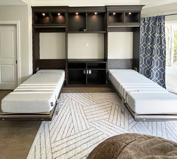 Tan closet shelving with organized clothes and accessories