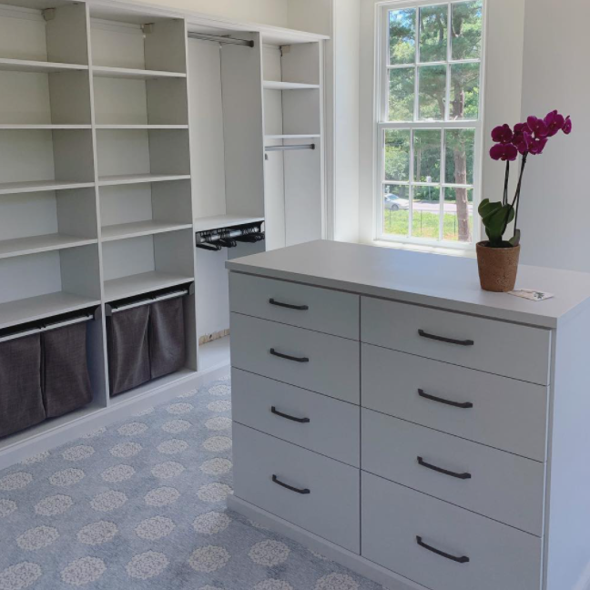 Design Consultant | Shannon Oakley Custom Walk-In Closet with Hampers Drawers and Custom Island with Countertop in Lewes, DE by California Closets of Philadelphia and Delaware
