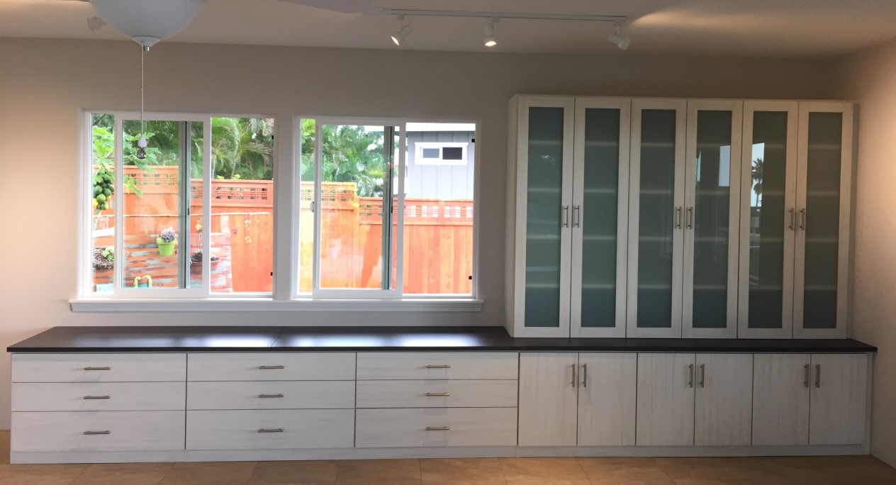 Craft Lover's Dream Craft room with long wall of storage cabinets