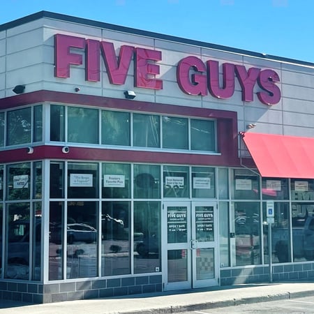 Entrance to the Five Guys restaurant at 227 Andover Street in Peabody, Mass.