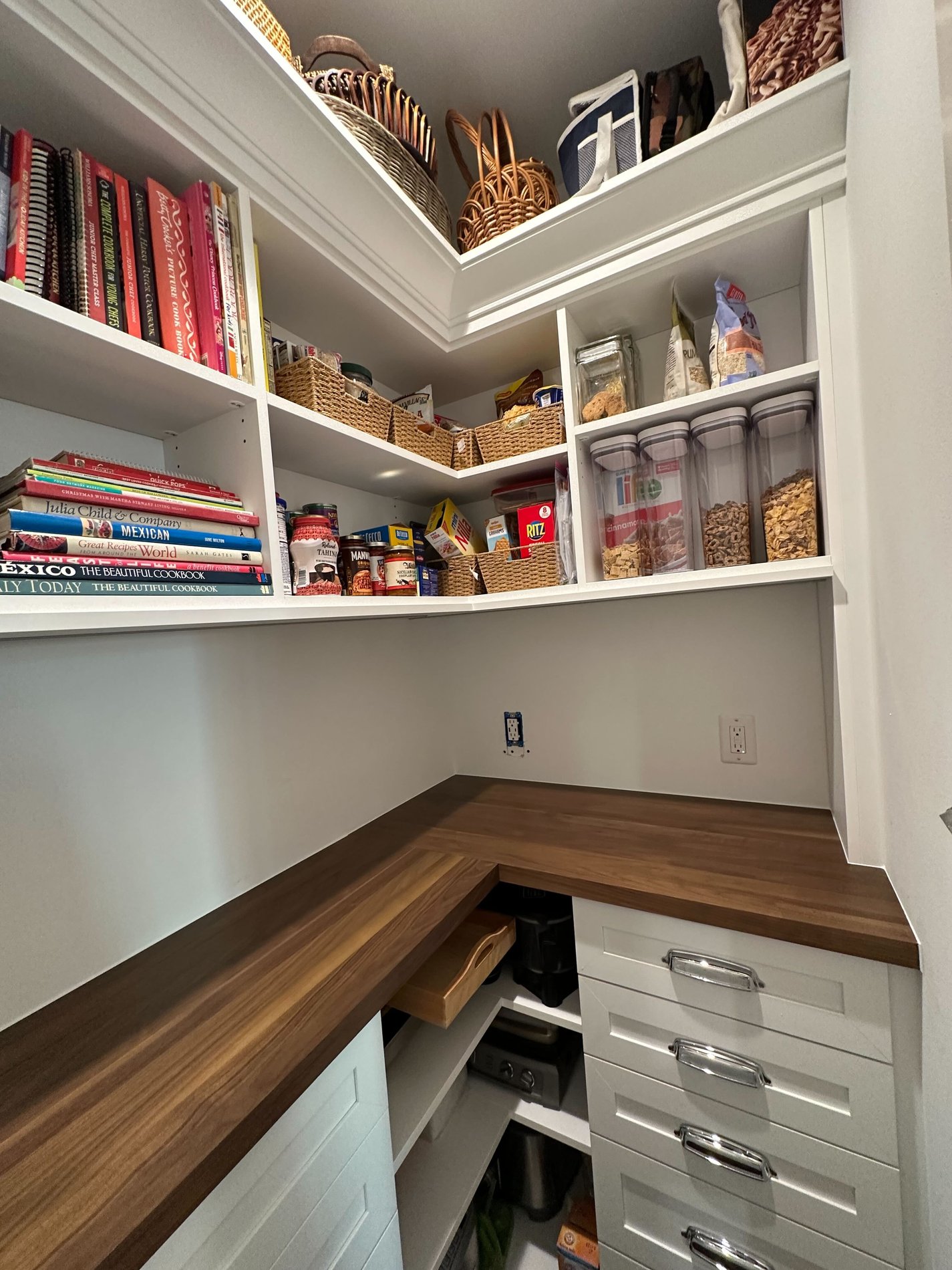 Custom Pantry Solution Custom Pantry with a Butcher Block countertop