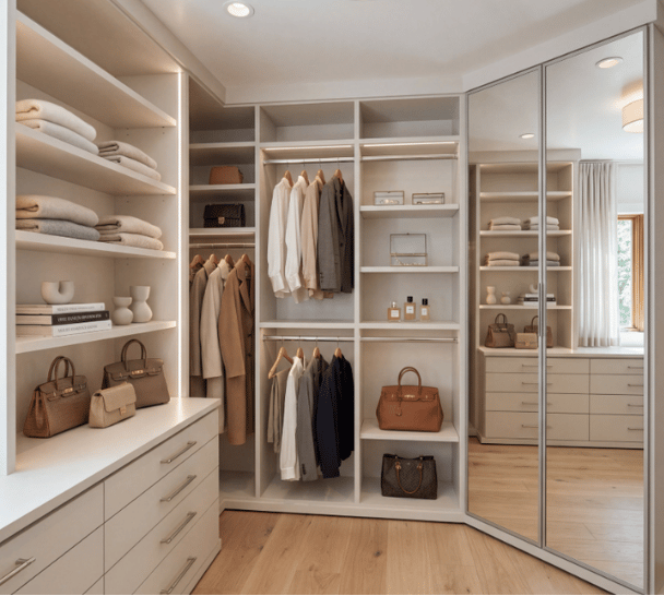Spacious Walk-in Closet Primary Walk-in Closet with built-in dresser and mirrored doors