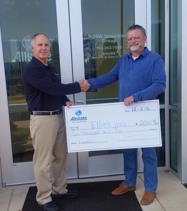 An Allstate Foundation grant for $1,000 was provided to Ellie's Hats, a non-profit in Chantilly, VA supporting children with cancer and their families, to support Mike Angles volunteerism.