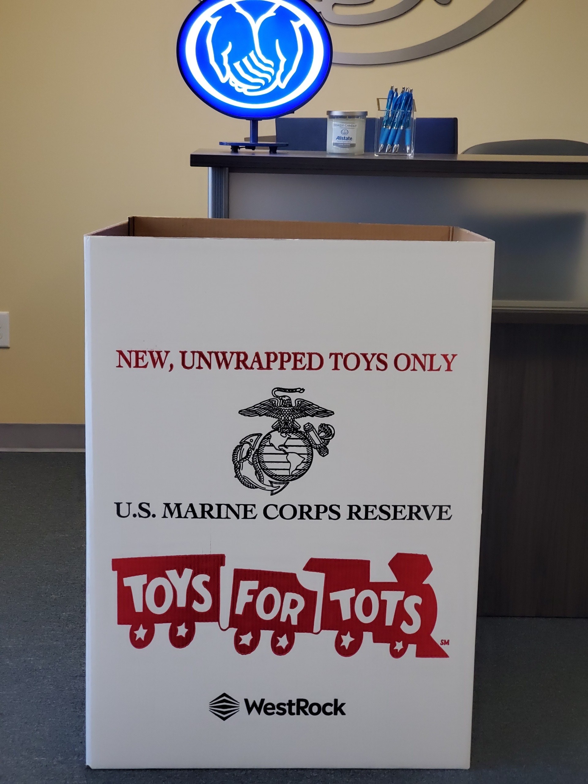 Come inside and donate to Toys for Tots.