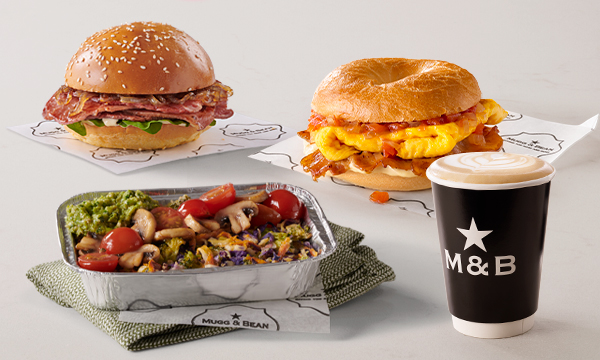 Bacon Bun, Breakfast Bagel with bacon and scrambled egg, takeaway Cappuccino, and Veg Rosti with Pea Pesto vegan breakfast from Mugg & Bean On-The-Move.