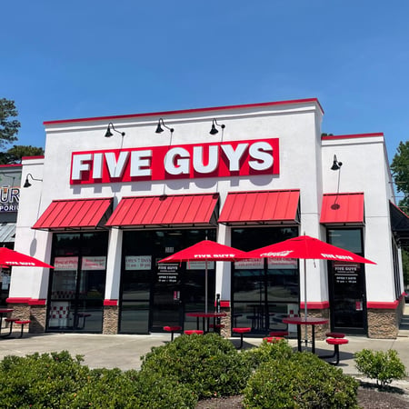 Front entrance to the Five Guys at 408 Western Boulevard in Jacksonville, North Carolina.