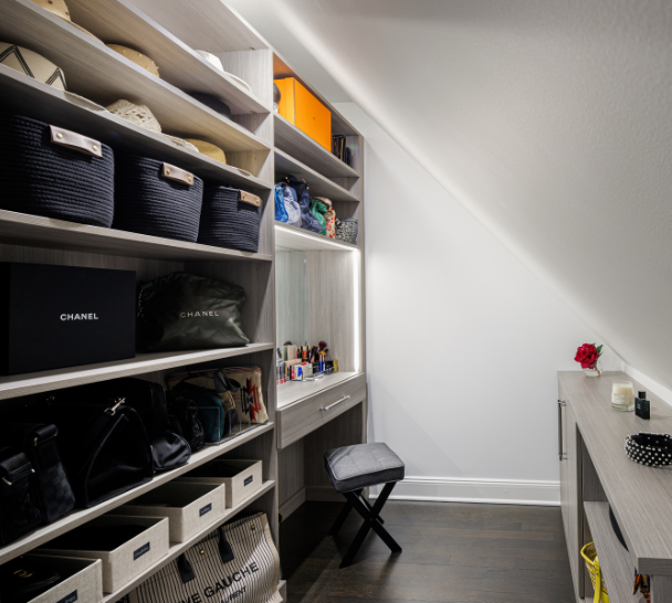 Compact Gray Vanity for Small Spaces California Closets Rockland County NY Custom Closet Small Spaces Ideas Angled Ceilings Storage Closet Ideas Vanity with Mirror and LED Lighting built in closet adjustable shelving custom hardware