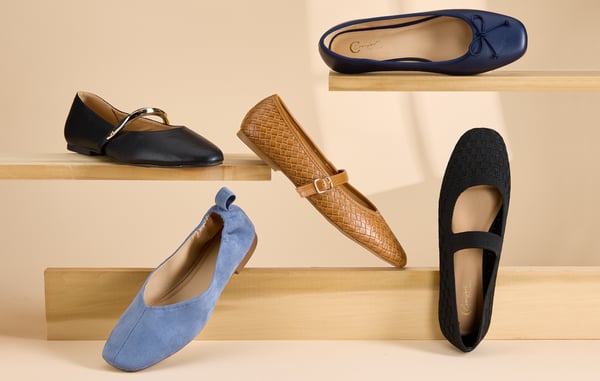 Five ballet flat shoes for women in blue, black, and tan colors are displayed on wooden shelves in front of a tan background.