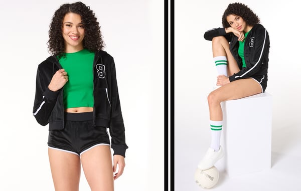 Models are wearing green and black athleisure outfits for women.