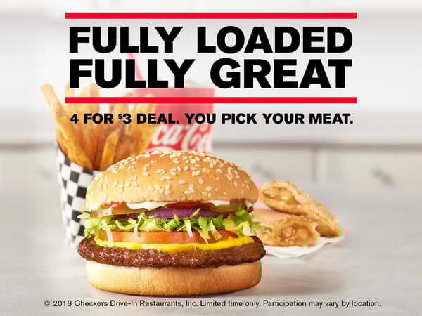 Checkerburger, fries, apple pie, and a drink