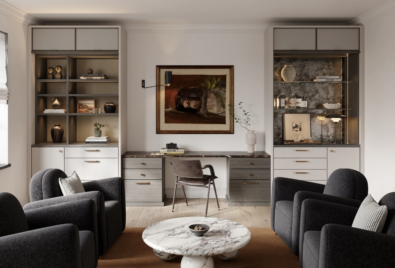 Custom Home Office with Built-In Desk and Lighting | California Closets Austin Beautiful custom-built cabinets with integrated desk creating a functional home office, designed by California Closets Austin. Maximize space and style with expertly crafted storage solutions for an organized and productive workspace.