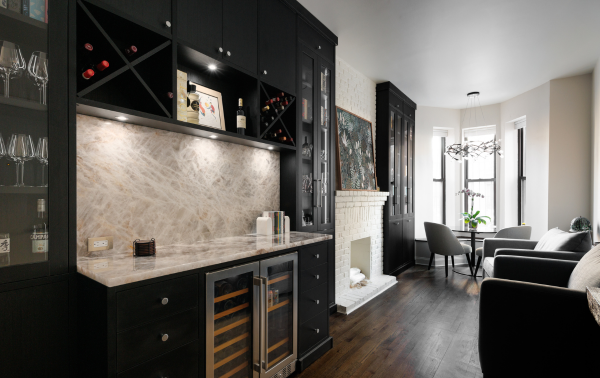 Modern Black Home Bar California Closets Rockland County NY Custom Home Bar Black Luxury Home Bar Wine Storage Mini Fridge Marble Countertop Clear Glass Doors Liquor Cabinet Storage Ideas Custom Wine Bar