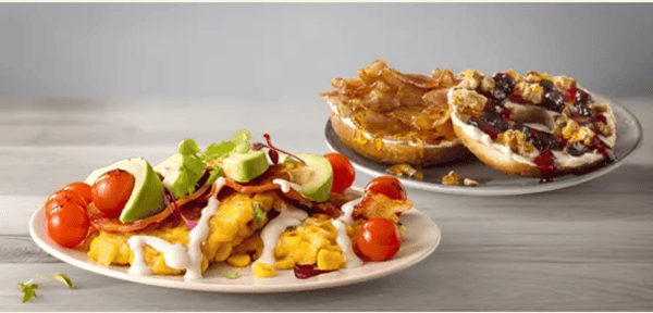 Rancheros Omelette and Bacon & Blueberry Bagel brunch meals from Mugg & Bean Mall of The North.