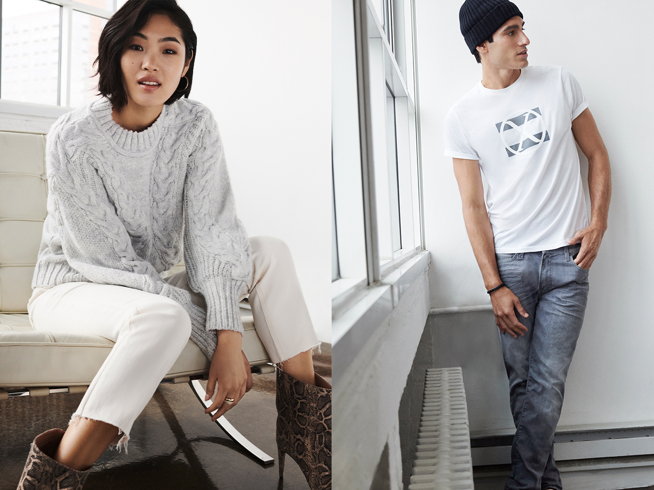 Woman and man wearing Express sweater, shirts and jeans.