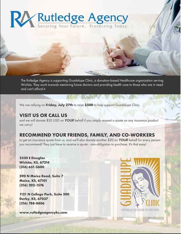 We are vested in raising $500 for the guadalupe clinic in an effort to provide healthcare to those who can’t afford it and serve as educators of future doctors in our town!
Every quote we generate that day raises $20 for Guadalupe Clinic. Call us, help us help them! See if we can save YOU money!