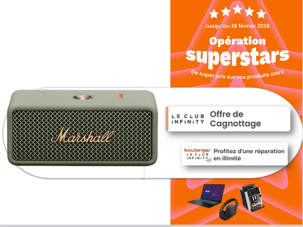 🎸 Enceinte Marshall – Opération Superstars ⭐ Le style et le son préférés de nos clients Un design iconique associé à une qualité audio reconnue. Une enceinte superstar qui fait l’unanimité auprès de nos clients.
