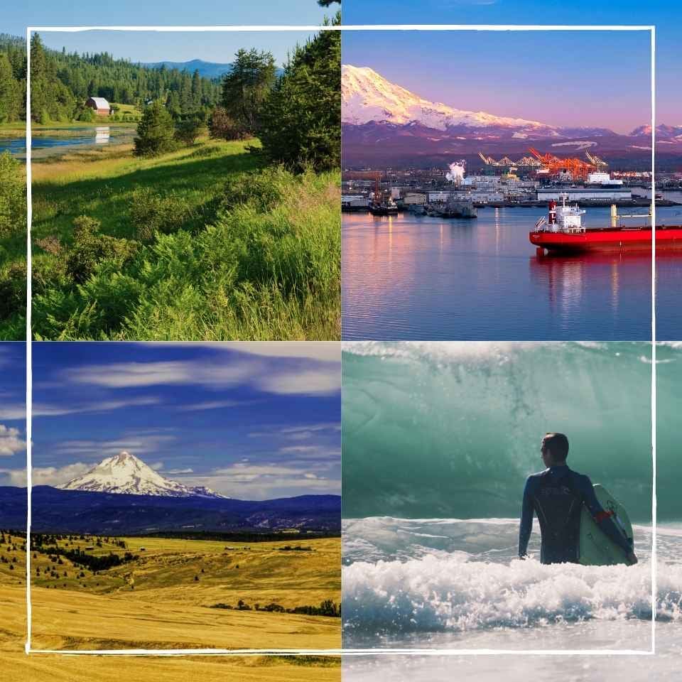 A collage of scenes from Washington, Oregon, Idaho, and California