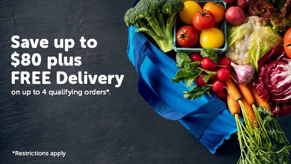 Bag of fresh vegetables. "Save up to $80 plus FREE Delivery on up to 4 qualifying orders. Restrictions Apply"