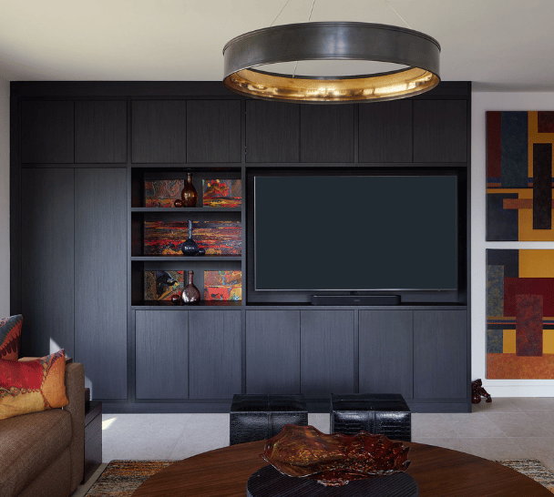 Modern Black Media Center Black media center with push-to-open doors and hidden bar