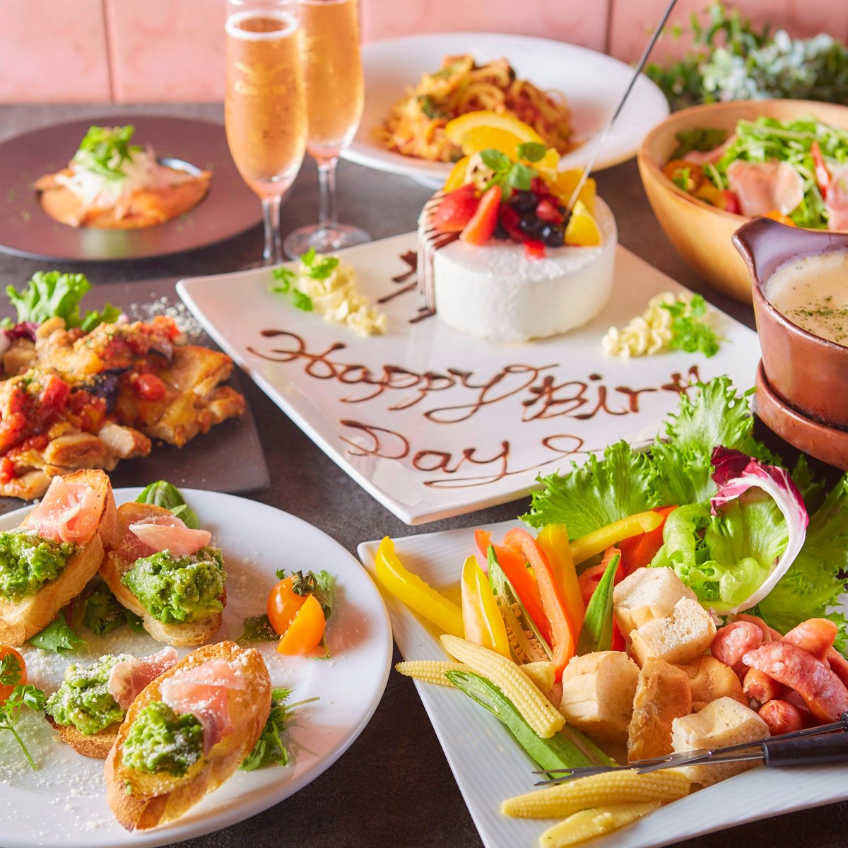 ●美●誕生日・女子会に!メッセージ付き特製デザートプレート付きコース《2.5時間飲み放題付》7品4000円
