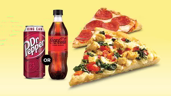 Get two pizza slices and any Coca-Cola® 500mL or Pepsi® King Can for just $5 plus tax.