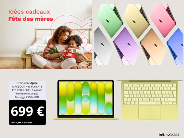 Ordinateur Apple MACBOOK Neo Puce A18 Pro CPU 6 / GPU 5 coeurs Mémoire RAM 8Go Stockage 256Go SSD Jaune agrume