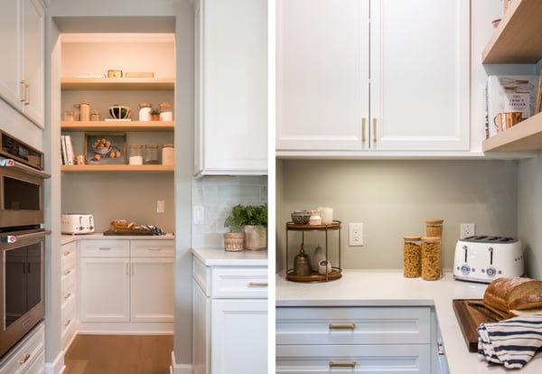 This custom office built-in by California Closets strikes the perfect balance between elegance and utility. Crafted in a rich, dark wood finish with a contrasting white oak backdrop, the design features sleek, glass-front upper cabinets with integrated lighting to showcase books, art, and personal mementos. Ample drawer and cabinet storage below offers a clutter-free workspace, while the central niche—with accent lighting and space for artwork or a monitor—adds a refined focal point. Polished hardware and seamless detailing elevate the overall aesthetic, making this workspace as beautiful as it is functional. White custom pantry cabinets with a work surface and floating shelves in Austin, Texas.