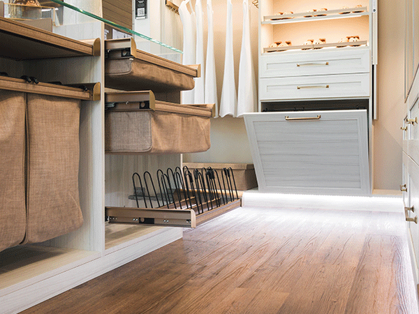 Close up of custom closet cloth pull drawers and shoe rack