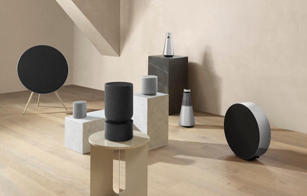Collection of Beosound Balance and A9, Beosound Edge, Beosound 1 and 2,M5and M3 in a large room with beige walls.