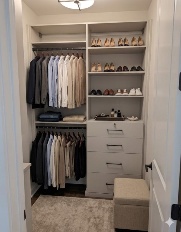 Reach in closet Double hanging with drawers and open shelving