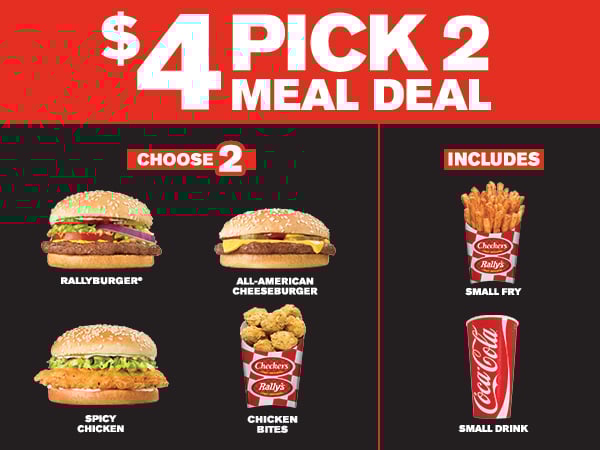 Rallyburger, Spicy Chicken, All American Cheeseburger, Chicken Bites, Small Fry, Small Drink