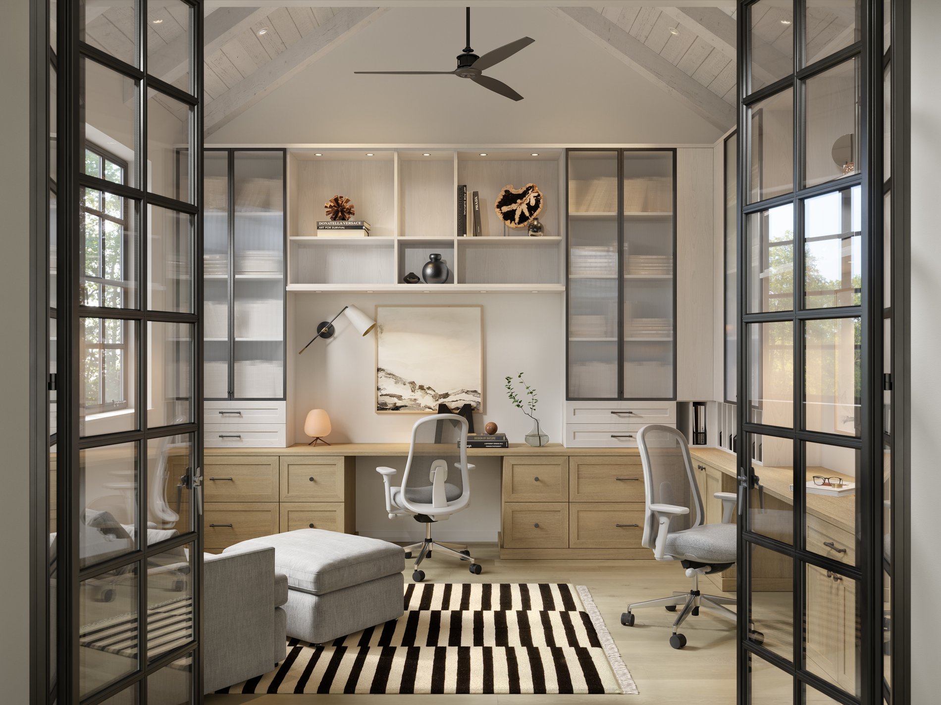 Custom home office with built-in desk, glass-front cabinets, open shelving, and organized storage designed for a modern workspace by California Closets Memphis, Tennessee.