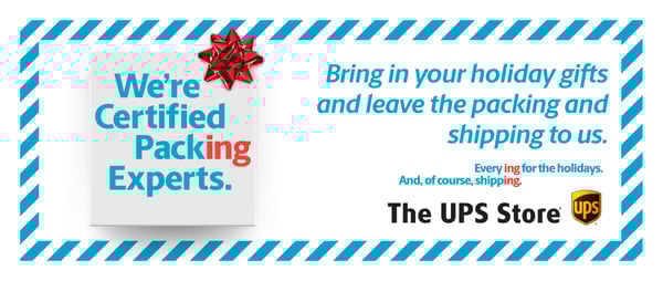 White gift box with red bow promoting The UPS Store's Certified Packing Experts