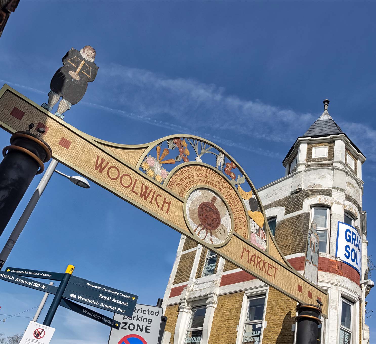 Ornate sign above the market on Beresford Street in Woolwich
