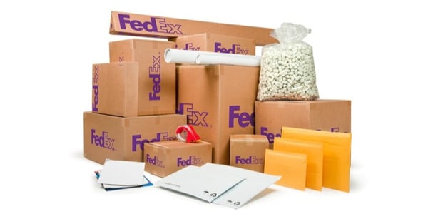 FedEx packing and shipping supplies including boxes, padded envelopes, mailers, tape, and packing materials.