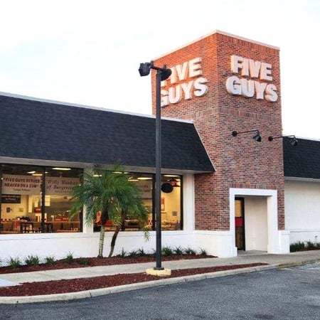 Entrance to the Five Guys restaurant at 2470 International Speedway Blvd. in Daytona Beach, Florida.
