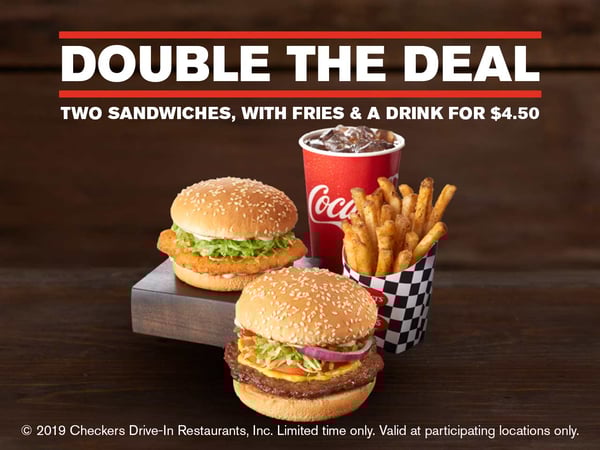 Spicy Chicken, Checker/Rallyburger with Cheese, French Fries, and a Drink