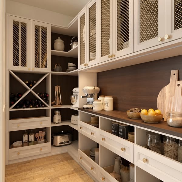 Light wood toned custom pantry Custom Pantry in a Light Wood Finish with Wine Storage, Metal Mesh Door Inserts and Contrasting Dark Wood Countertop.