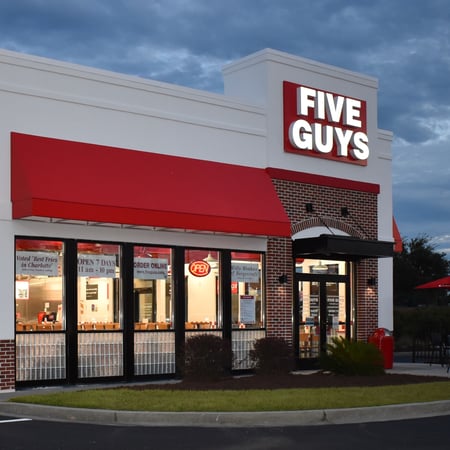 Photo of the store front of the Five Guys at 8715 HWY 17 Bypass South in Myrtle Beach, SC.