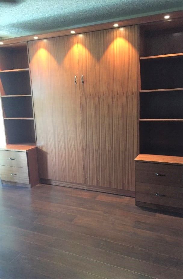 Sapele Wood Wall Bed Wall bed and storage in Sapele finish