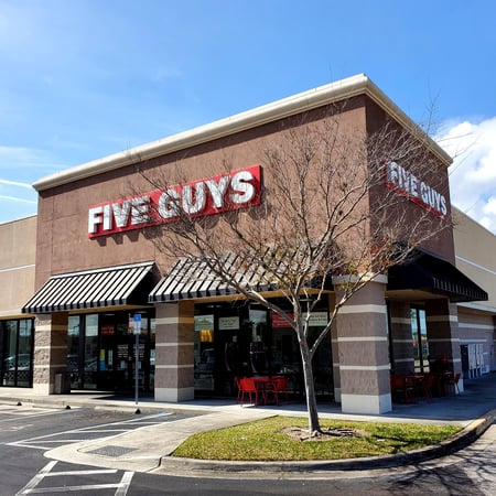 Store front of Five Guys at 7074 US Hwy 19 N in Pinellas Park, FL.