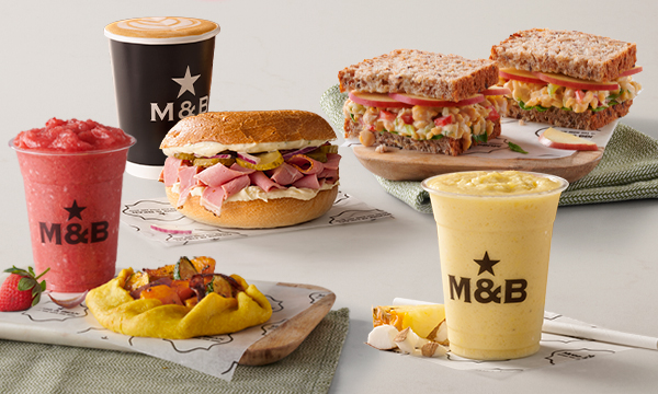 Pastrami Bagel, vegan Smashed Chickpea Mayo Health Sandwich, Roasted Vegetable Galette pasty, and slushy drinks from the Mugg & Bean On-The-Move takeaway lunch menu.
